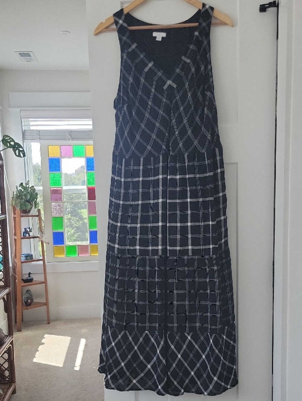 J. Jill Black and White Windowpane Tiered Maxi Dress With Pockets